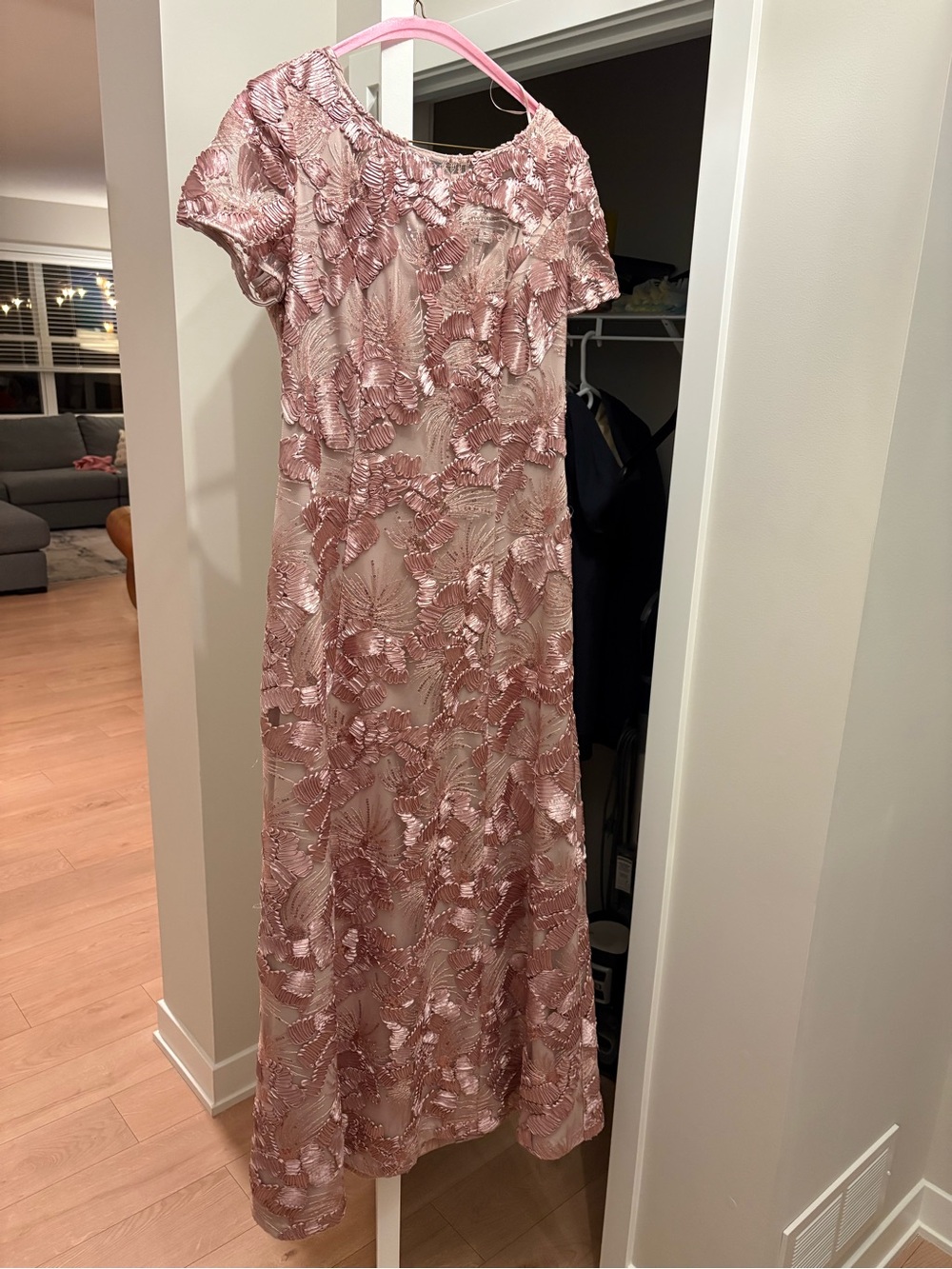 Alex Evenings Rose Pink Beaded Floral Maxi Dress (Soutache Illusion Neckline)